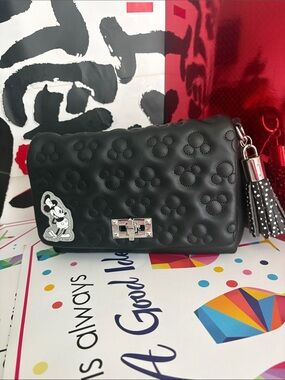 Disney Black Quilted Mickey-Pattern Crossbody Bag with Tassel